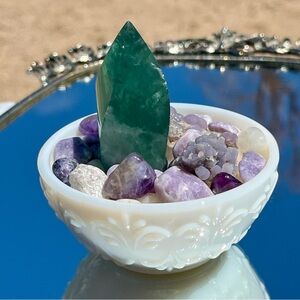 Carved Green Fluorite Flame, Embossed Milk Glass Dish, Grape Agate, Lepidolite…